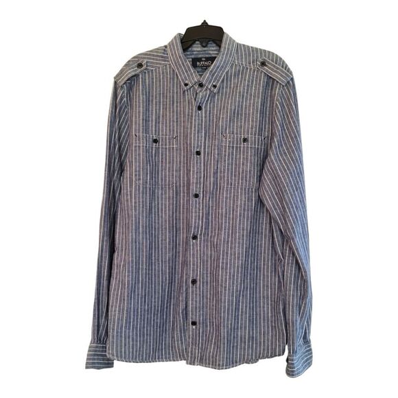 Buffalo David Bitton Linen Cotton Button Down Shirt Epaulets Union Made Blue XL - Picture 1 of 16
